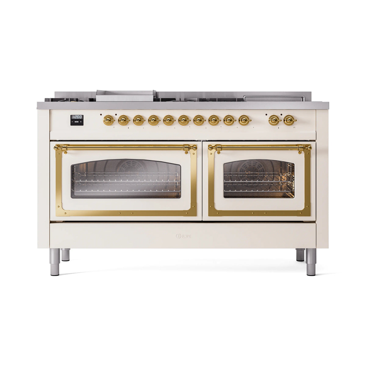Antique white dual oven range with two glass doors and brass trim