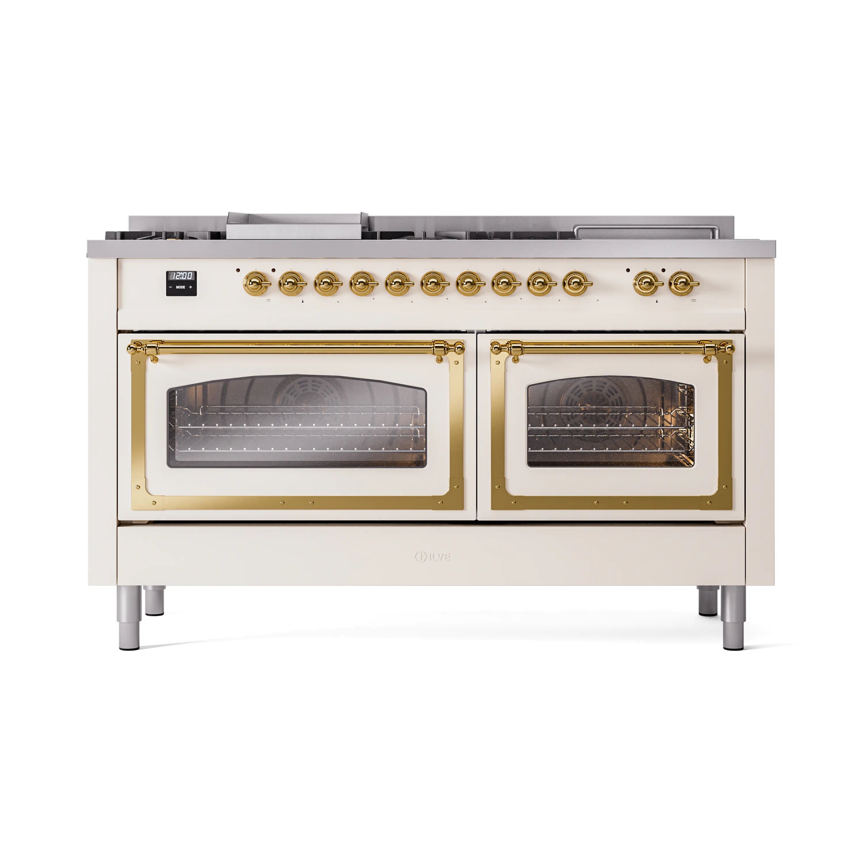 Antique white dual fuel range with two brass-trimmed oven doors