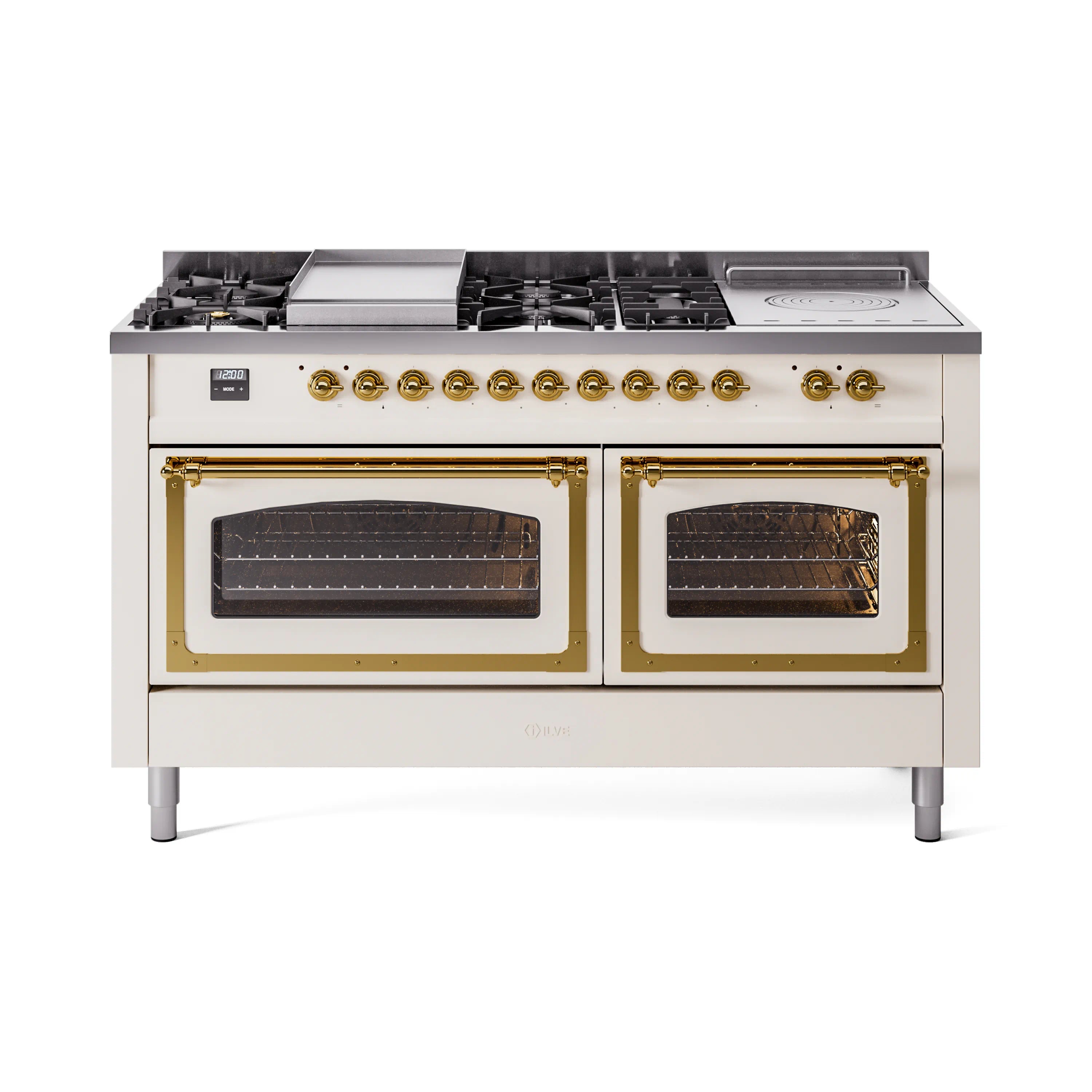 Antique white gas range with brass-trimmed oven doors and 7 sealed burners