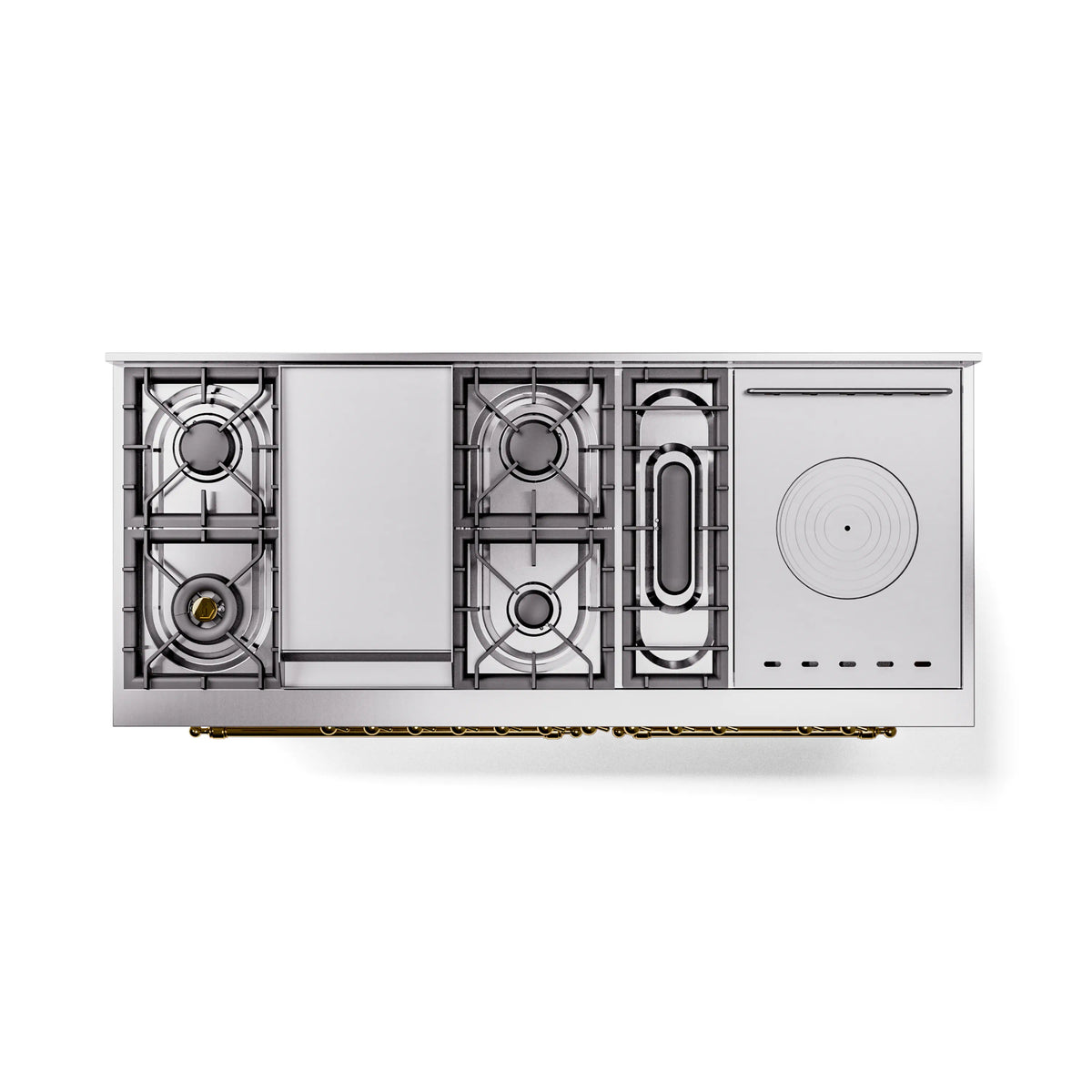 Antique white dual-fuel range with brass-trim burners and French top access