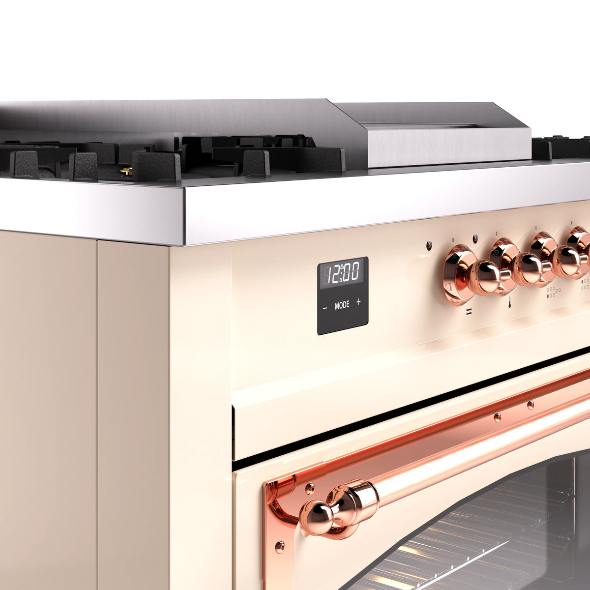 Antique white range front with copper control knobs, digital display, and open oven area
