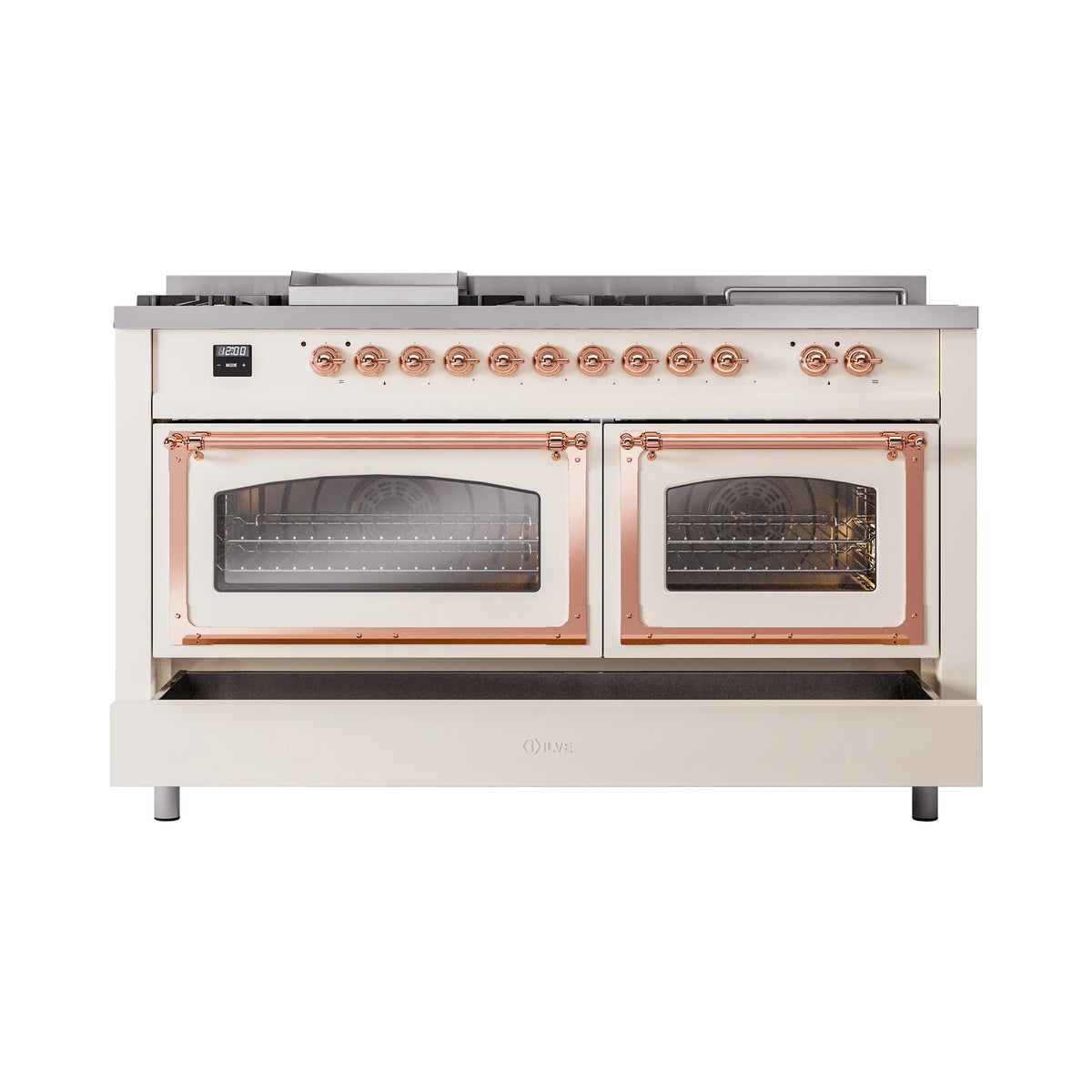 Antique white range with both oven doors open, copper trim, and top control knobs