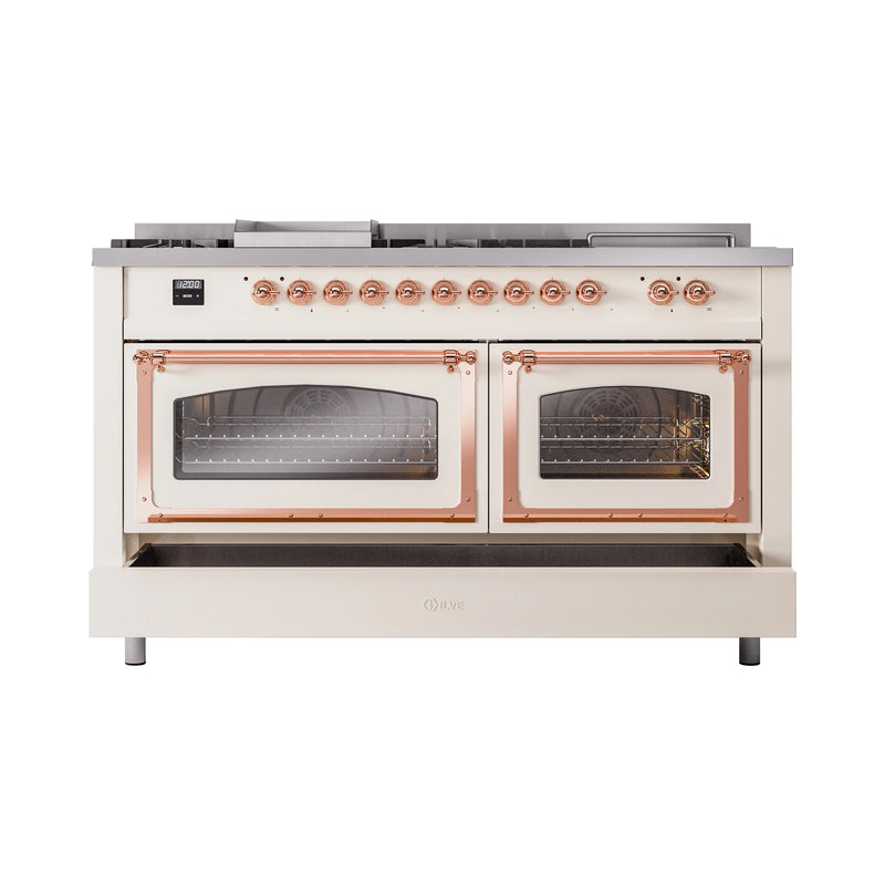 ILVE 60-Inch Nostalgie II Noblesse Dual Fuel Range with 7 Sealed Burners, Griddle, French Top and Triple Glass Door Oven in Antique White with Copper Trim (UN60FSNMPAWP)