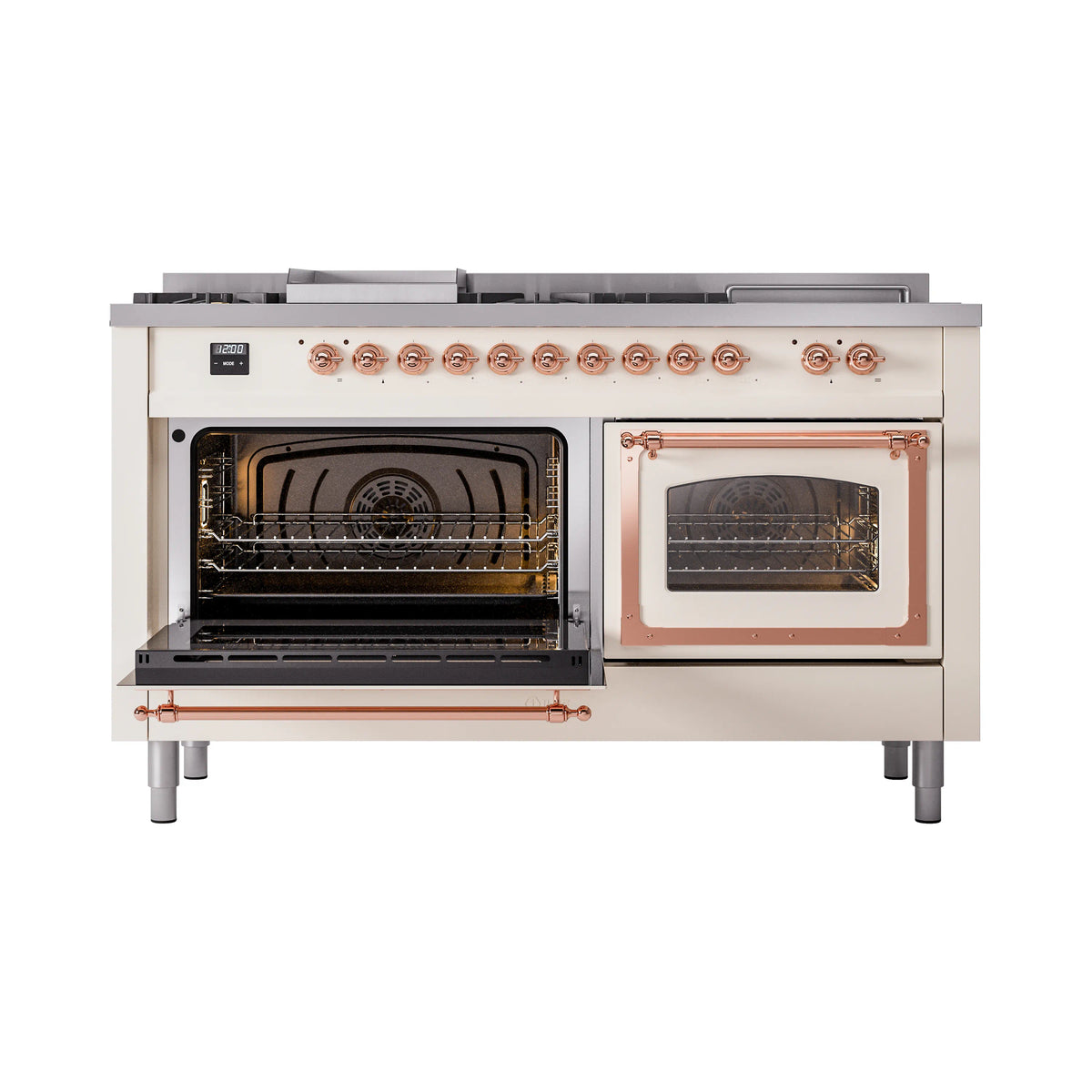 Antique white range with left oven door open, showing wire racks and rear heating coil