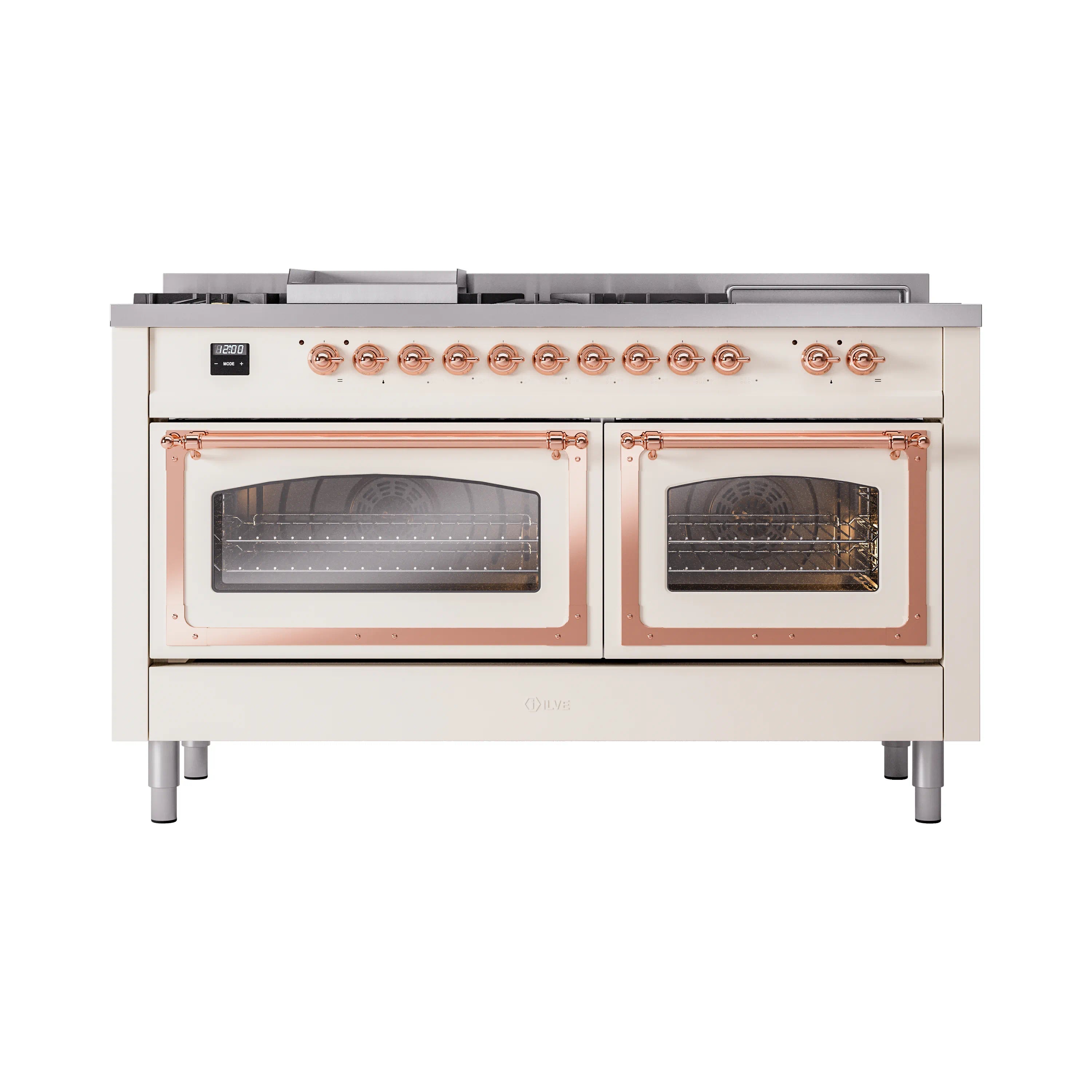 Antique white dual-fuel range with both oven doors open, copper trim, and burner controls
