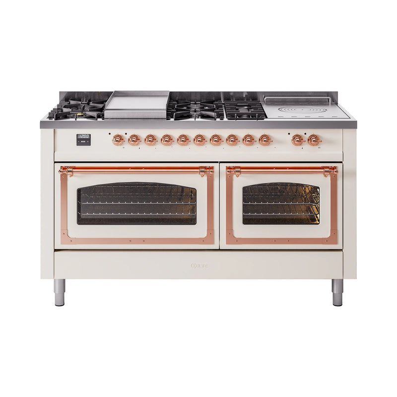 ILVE 60-Inch Nostalgie II Noblesse Dual Fuel Range with 7 Sealed Burners, Griddle, French Top and Triple Glass Door Oven in Antique White with Copper Trim (UN60FSNMPAWP)