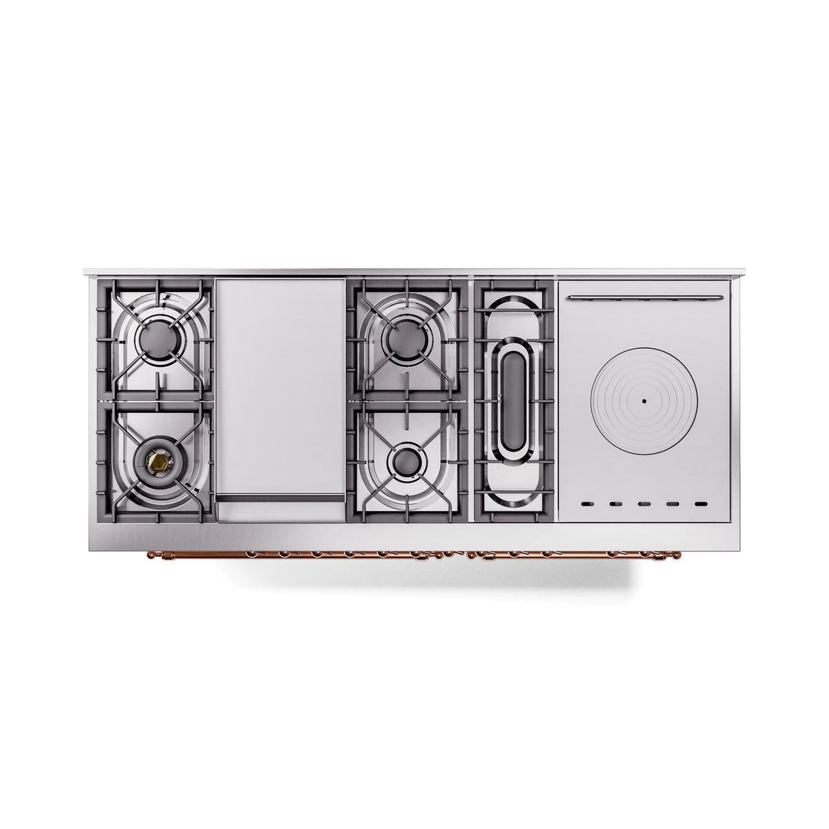 Antique white dual fuel gas range with copper trim, grates and burners on black griddle section