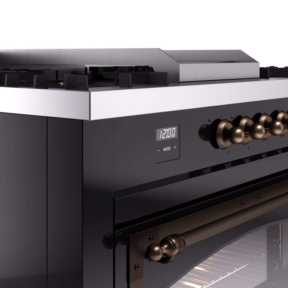 Glossy black range control panel with digital display and bronze knob set