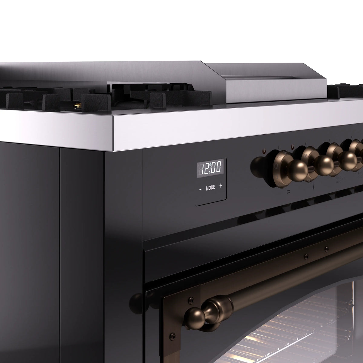Black dual fuel gas range control panel with bronze burner knobs and digital display