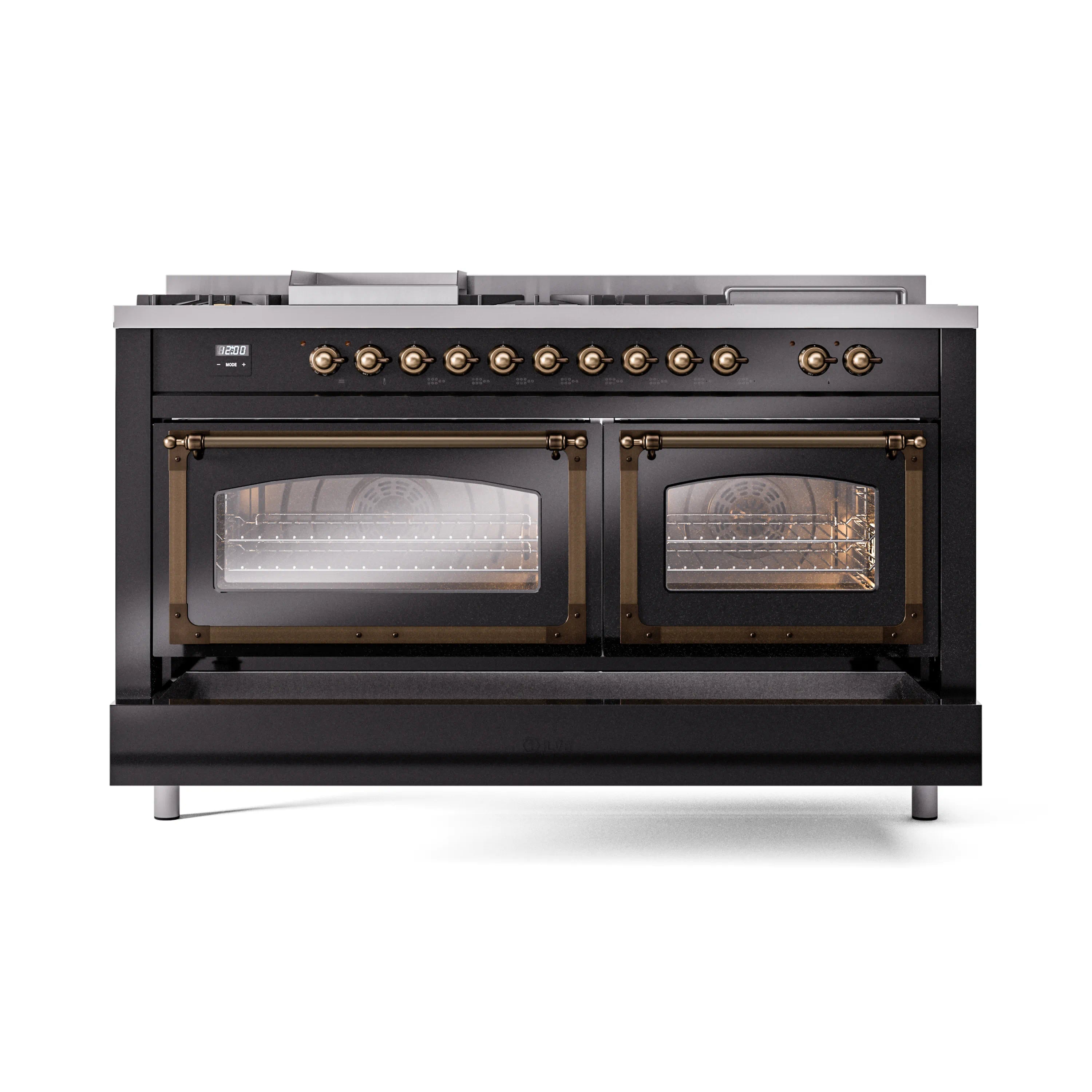 Glossy black dual fuel gas range with bronze knobs and two oven doors with glass windows