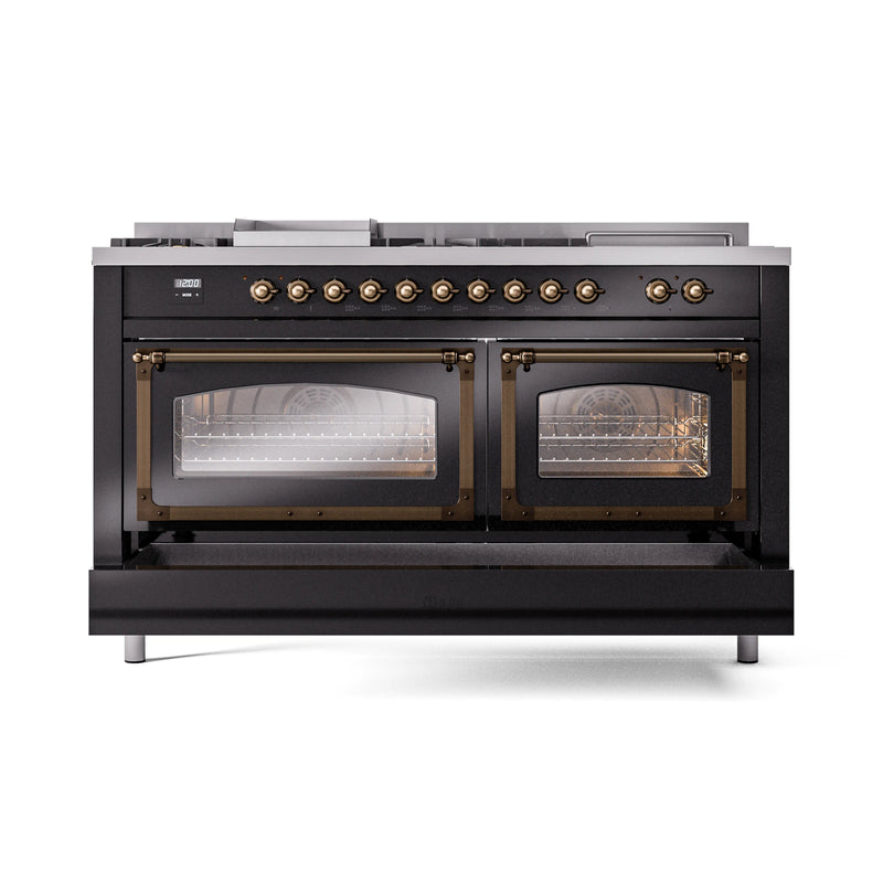 ILVE 60-Inch Nostalgie II Noblesse Dual Fuel Range with 7 Sealed Burners, Griddle, French Top and Triple Glass Door Oven in Glossy Black with Bronze Trim (UN60FSNMPBKB)