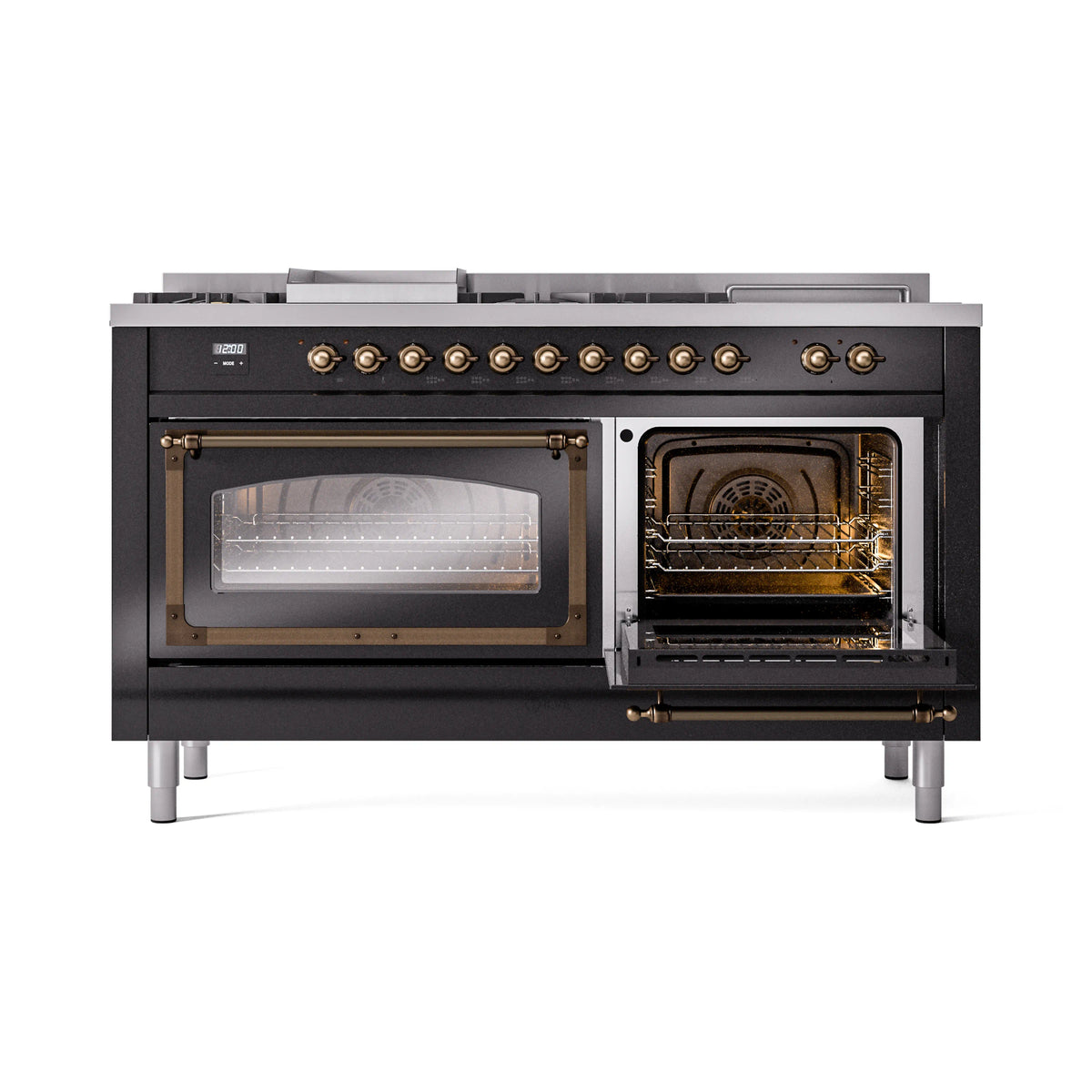 Glossy black dual fuel range with bronze knobs, both oven doors open and interior racks visible