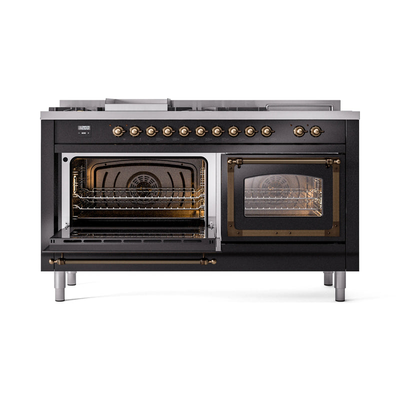 ILVE 60-Inch Nostalgie II Noblesse Dual Fuel Range with 7 Sealed Burners, Griddle, French Top and Triple Glass Door Oven in Glossy Black with Bronze Trim (UN60FSNMPBKB)