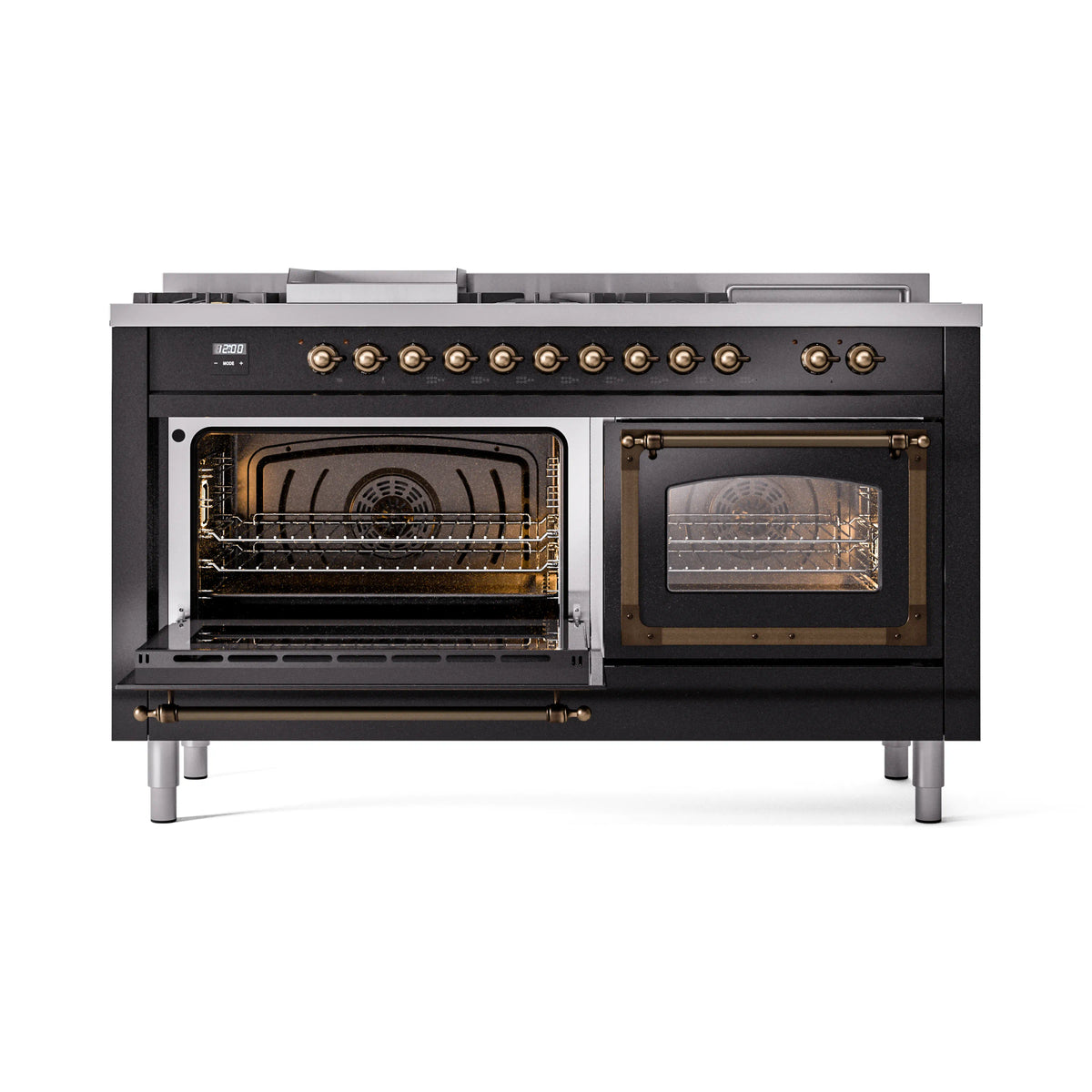 Black dual fuel gas range with both oven cavities open, showing bake and broil sections