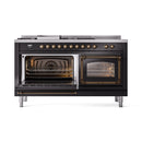 ILVE 60-Inch Nostalgie II Noblesse Natural Gas Dual Fuel Range with 7 Sealed Burners, Griddle, French Top and Triple Glass Door Oven in Glossy Black with Bronze Trim (UN60FSNMPBKB)