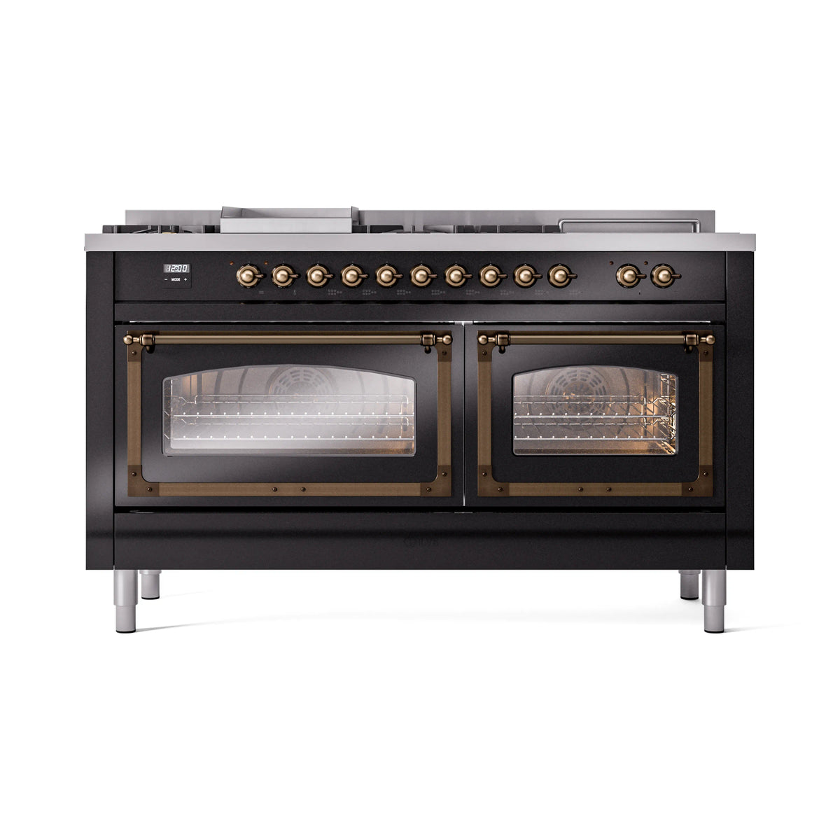 Black dual fuel gas range with bronze-trim ovens and two closed oven doors