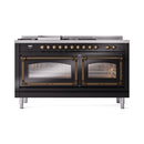 ILVE 60-Inch Nostalgie II Noblesse Natural Gas Dual Fuel Range with 7 Sealed Burners, Griddle, French Top and Triple Glass Door Oven in Glossy Black with Bronze Trim (UN60FSNMPBKB)