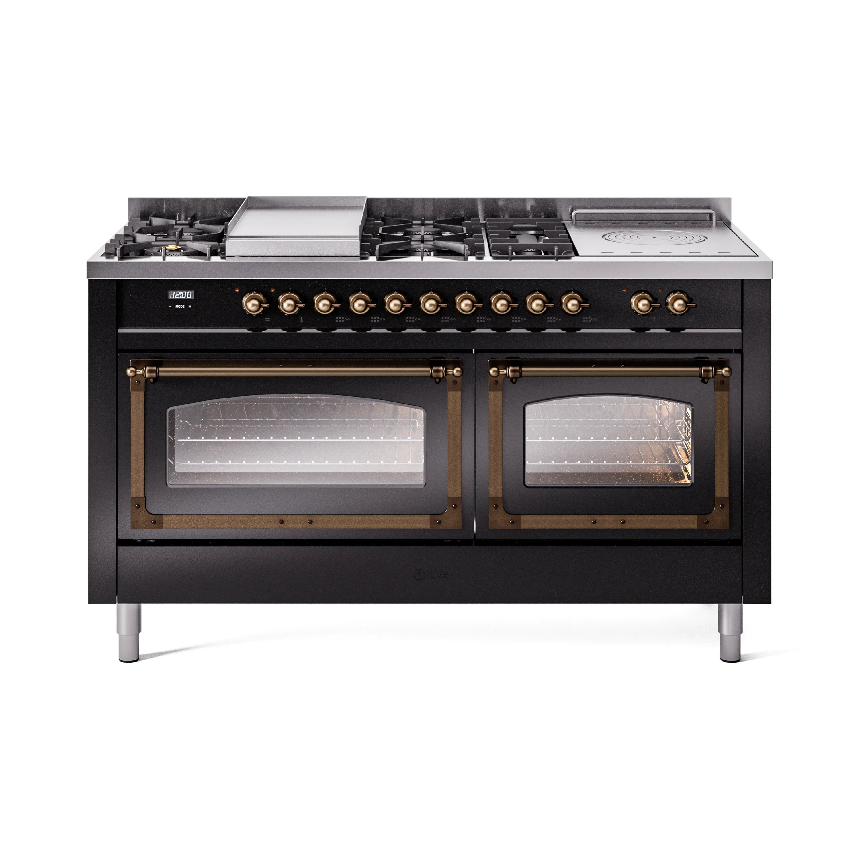 Glossy black dual fuel gas range with bronze-trim control panel and two oven windows