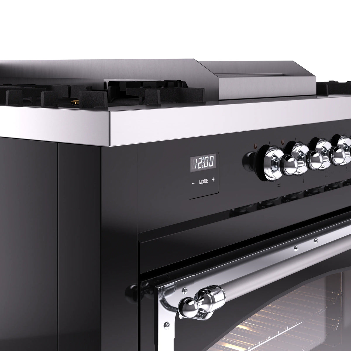 Black range control panel with chrome burner knobs and digital display