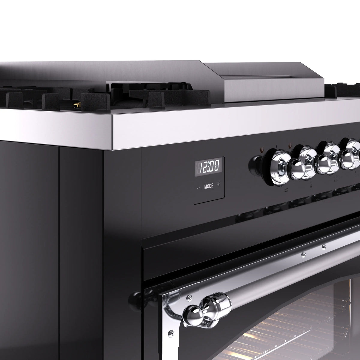 ILVE dual fuel range control panel with chrome knobs and digital display in glossy black