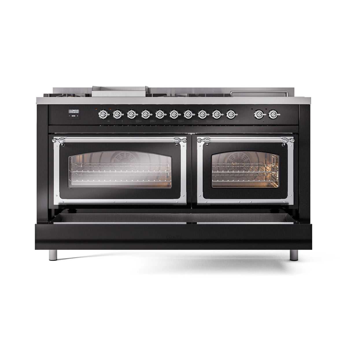 Black dual-fuel range with two closed oven doors and chrome-trimmed windows
