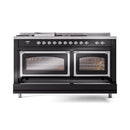 ILVE 60-Inch Nostalgie II Noblesse Propane Gas Dual Fuel Range with 7 Sealed Burners, Griddle, French Top and Triple Glass Door Oven in Glossy Black with Chrome Trim (UN60FSNMPBKCLP)