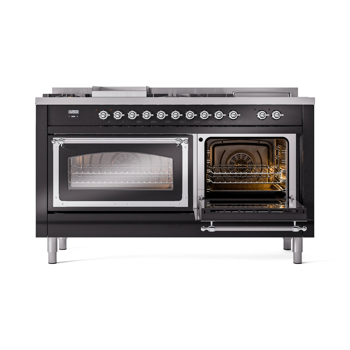 Black dual-fuel range with oven door open, showing interior cavity and racks