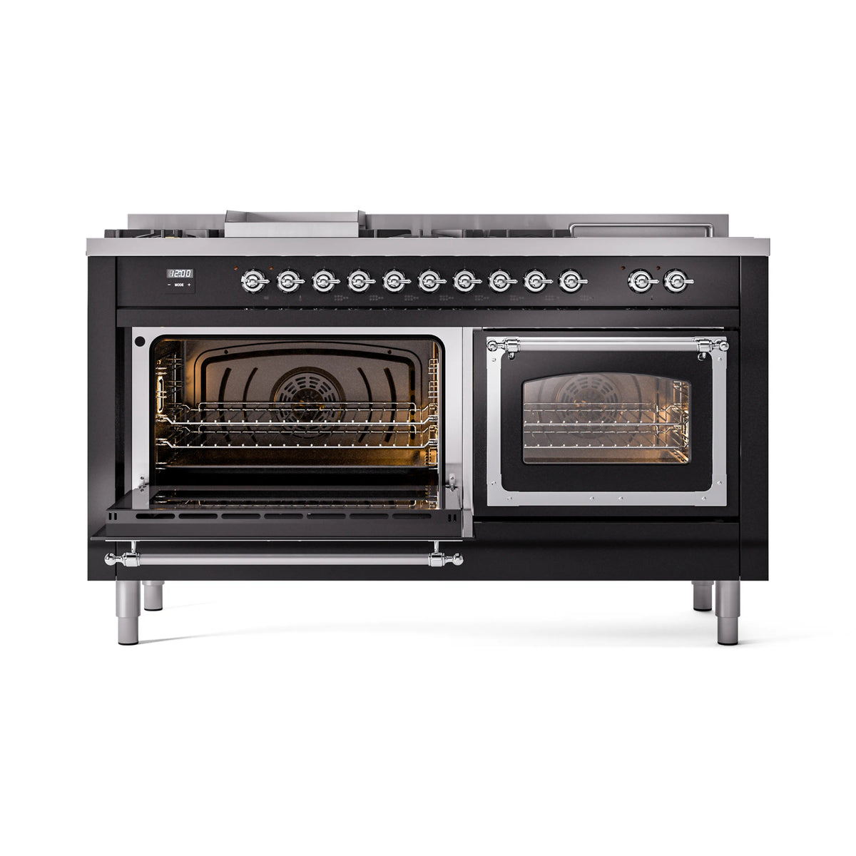 Black dual-fuel range with both oven doors open, showing heating elements and racks