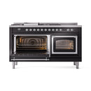 ILVE 60-Inch Nostalgie II Noblesse Natural Gas Dual Fuel Range with 7 Sealed Burners, Griddle, French Top and Triple Glass Door Oven in Glossy Black with Chrome Trim (UN60FSNMPBKC)