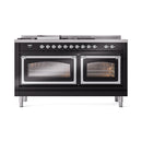 ILVE 60-Inch Nostalgie II Noblesse Natural Gas Dual Fuel Range with 7 Sealed Burners, Griddle, French Top and Triple Glass Door Oven in Glossy Black with Chrome Trim (UN60FSNMPBKC)