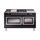ILVE 60-Inch Nostalgie II Noblesse Propane Gas Dual Fuel Range with 7 Sealed Burners, Griddle, French Top and Triple Glass Door Oven in Glossy Black with Chrome Trim (UN60FSNMPBKCLP)