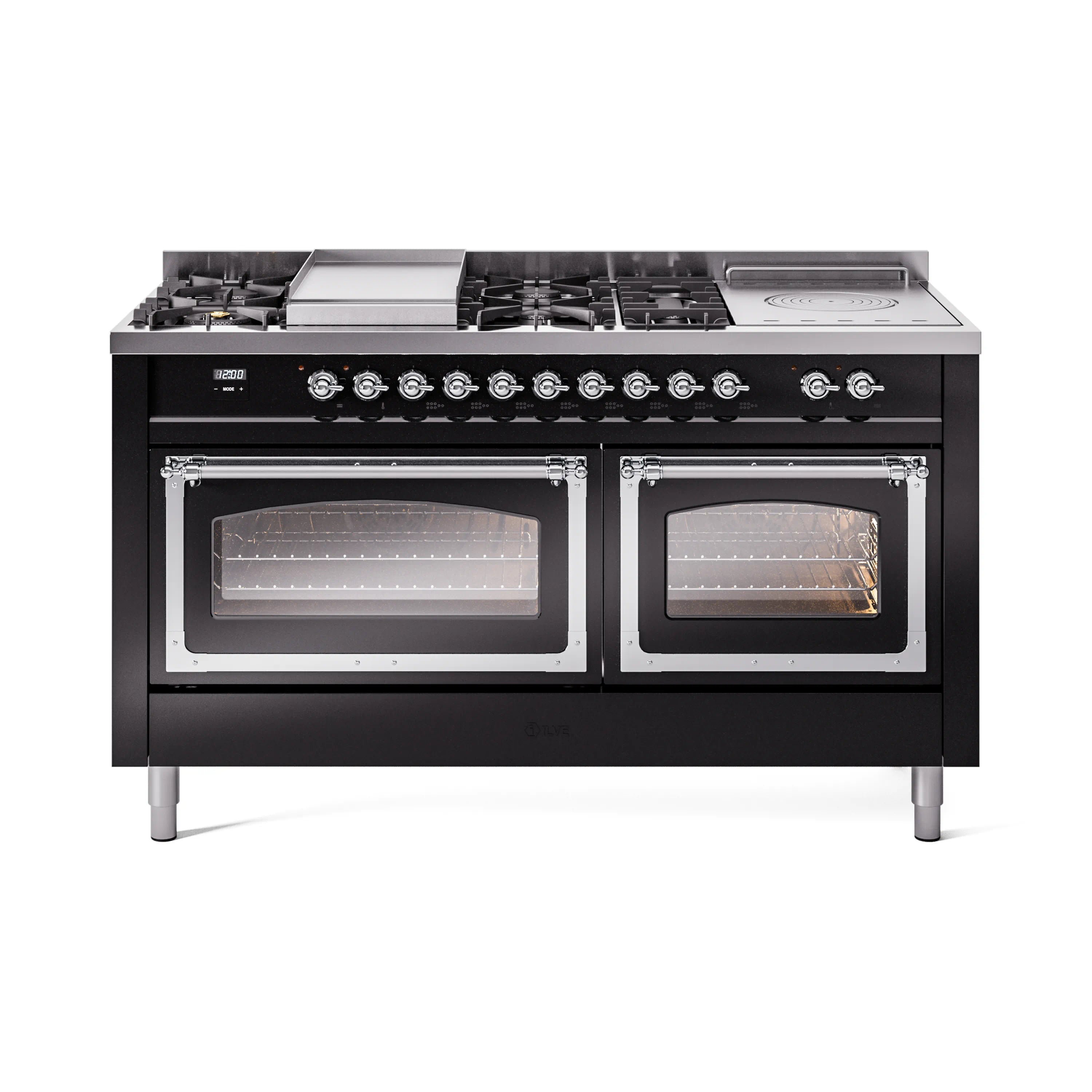 ILVE dual fuel range in glossy black with chrome knobs and dual oven doors, burners on top