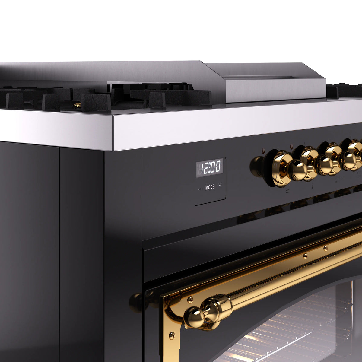 Glossy black dual fuel range control panel with brass knob and digital display