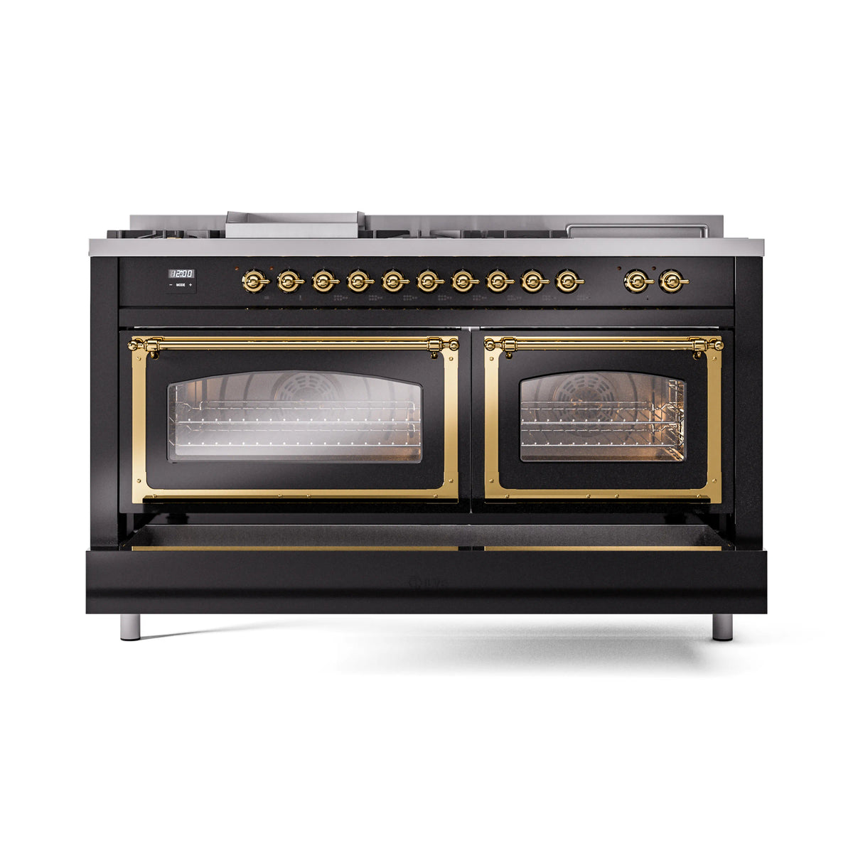 ILVE dual fuel range with two glass-front ovens and brass-trimmed doors, black