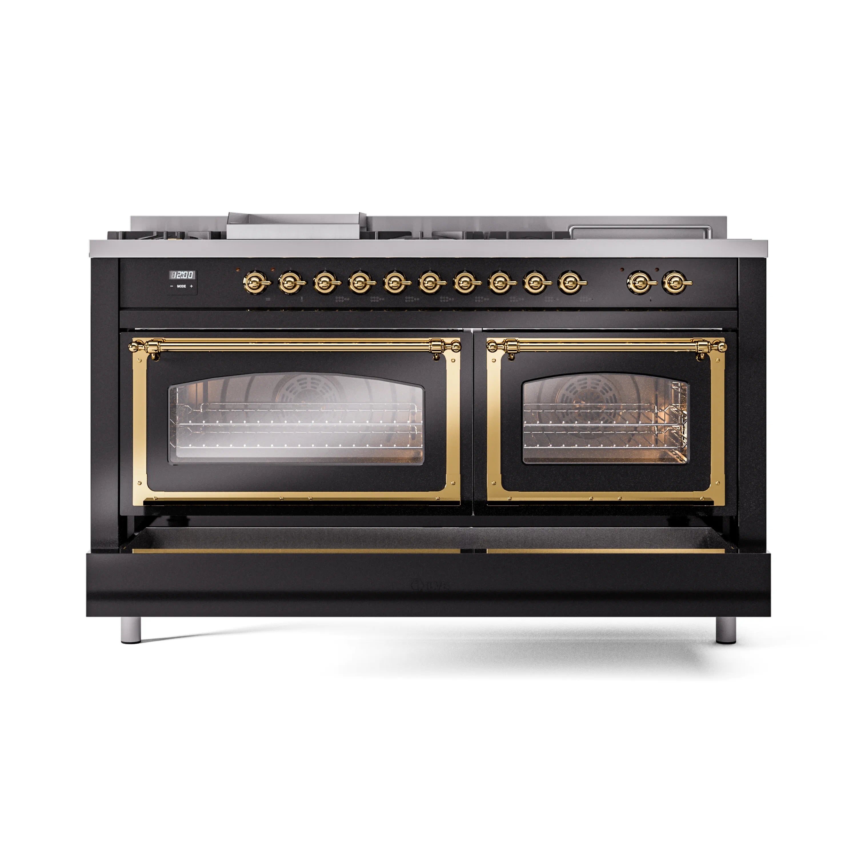 Glossy black dual fuel range showing two oven doors with brass trim and lit burner layout