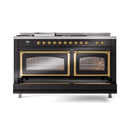 ILVE 60-Inch Nostalgie II Noblesse Natural Gas Dual Fuel Range with 7 Sealed Burners, Griddle, French Top and Triple Glass Door Oven in Glossy Black with Brass Trim (UN60FSNMPBKG)