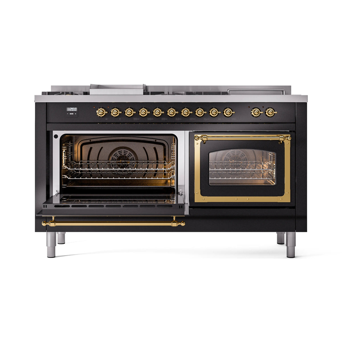 ILVE range with both oven doors open, interior racks visible, black with brass trim