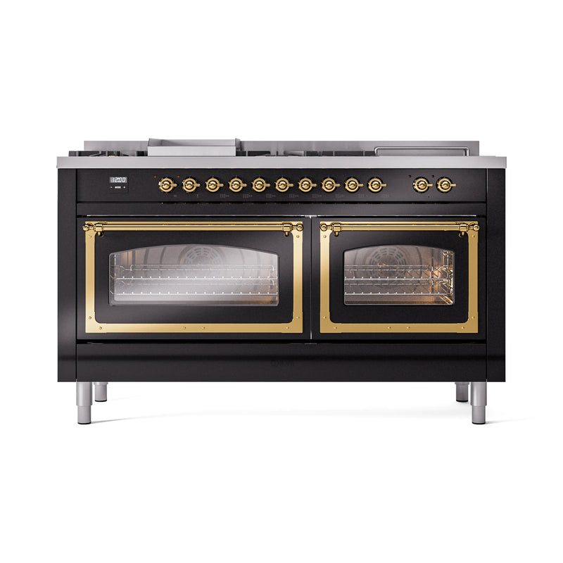 ILVE 60-Inch Nostalgie II Noblesse Dual Fuel Range with 7 Sealed Burners, Griddle, French Top and Triple Glass Door Oven in Glossy Black with Brass Trim (UN60FSNMPBKG)