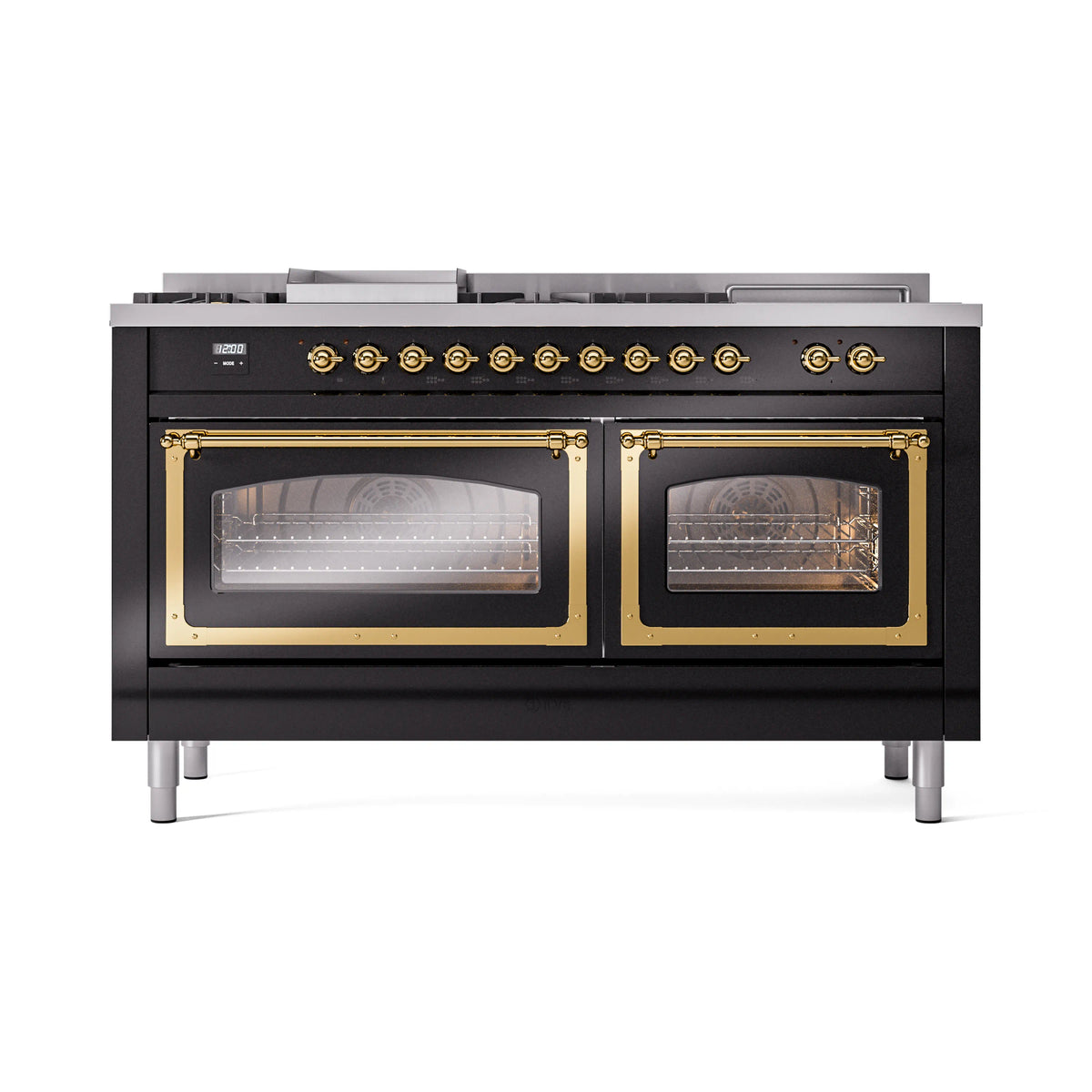 Glossy black dual fuel range front view with brass-trimmed dual oven windows and knobs