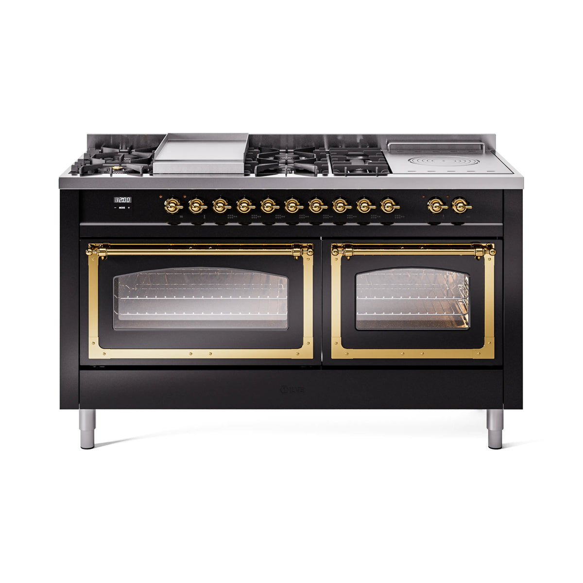 ILVE dual fuel range top with burner grates, griddle, and French top in black