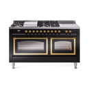 ILVE 60-Inch Nostalgie II Noblesse Propane Gas Dual Fuel Range with 7 Sealed Burners, Griddle, French Top and Triple Glass Door Oven in Glossy Black with Brass Trim (UN60FSNMPBKGLP)