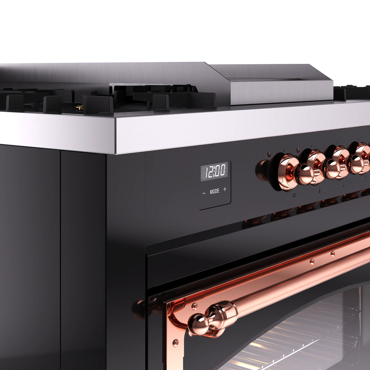Glossy black oven control panel with copper knobs and digital display