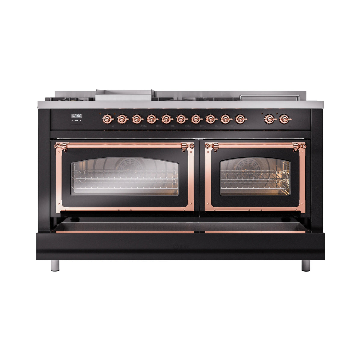 Dual fuel range with two glass oven doors and copper-trim handles