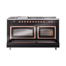 ILVE 60-Inch Nostalgie II Noblesse Natural Gas Dual Fuel Range with 7 Sealed Burners, Griddle, French Top and Triple Glass Door Oven in Glossy Black with Copper Trim (UN60FSNMPBKP)