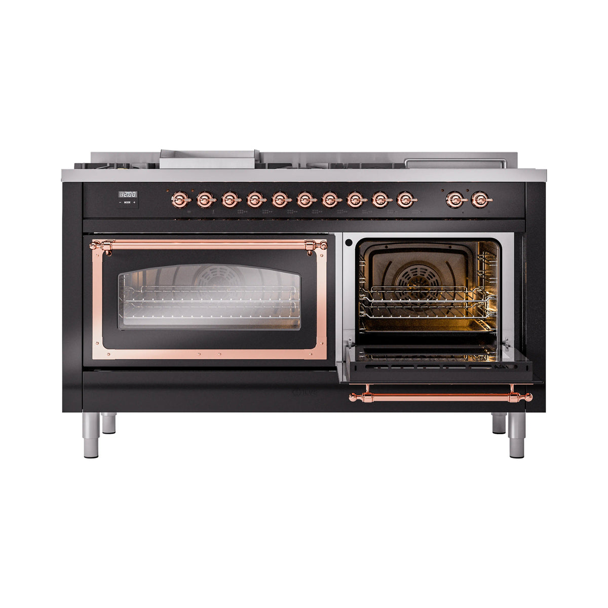 Dual fuel range with right oven door open, interior oven racks visible