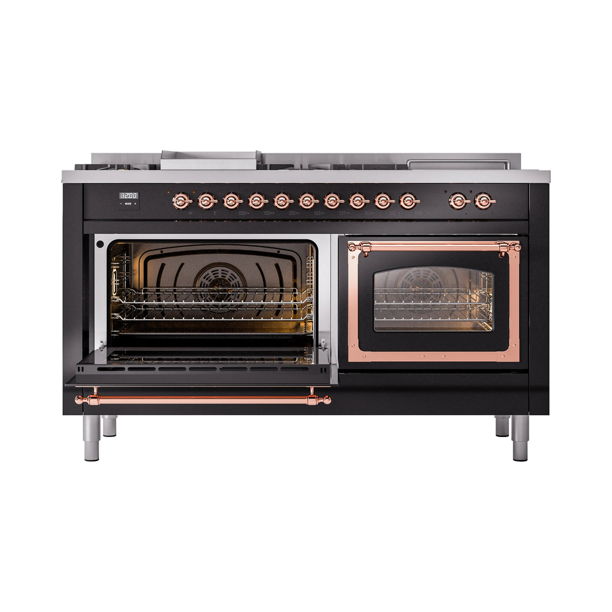 Dual fuel range with left oven door open and right oven door closed