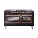 ILVE 60-Inch Nostalgie II Noblesse Propane Gas Dual Fuel Range with 7 Sealed Burners, Griddle, French Top and Triple Glass Door Oven in Glossy Black with Copper Trim (UN60FSNMPBKPLP)