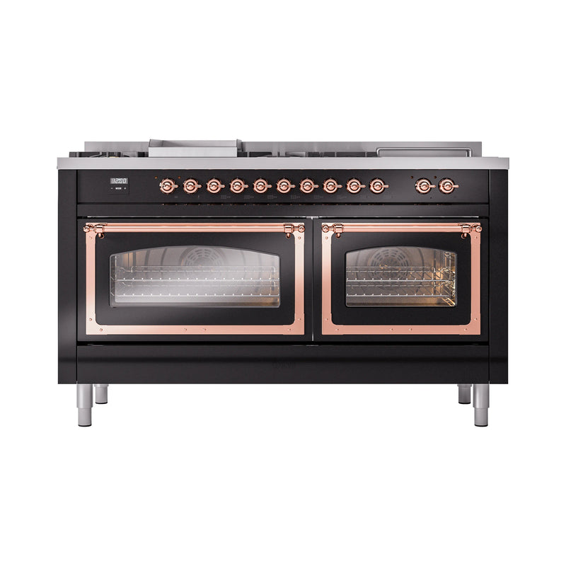 ILVE 60-Inch Nostalgie II Noblesse Dual Fuel Range with 7 Sealed Burners, Griddle, French Top and Triple Glass Door Oven in Glossy Black with Copper Trim (UN60FSNMPBKP)