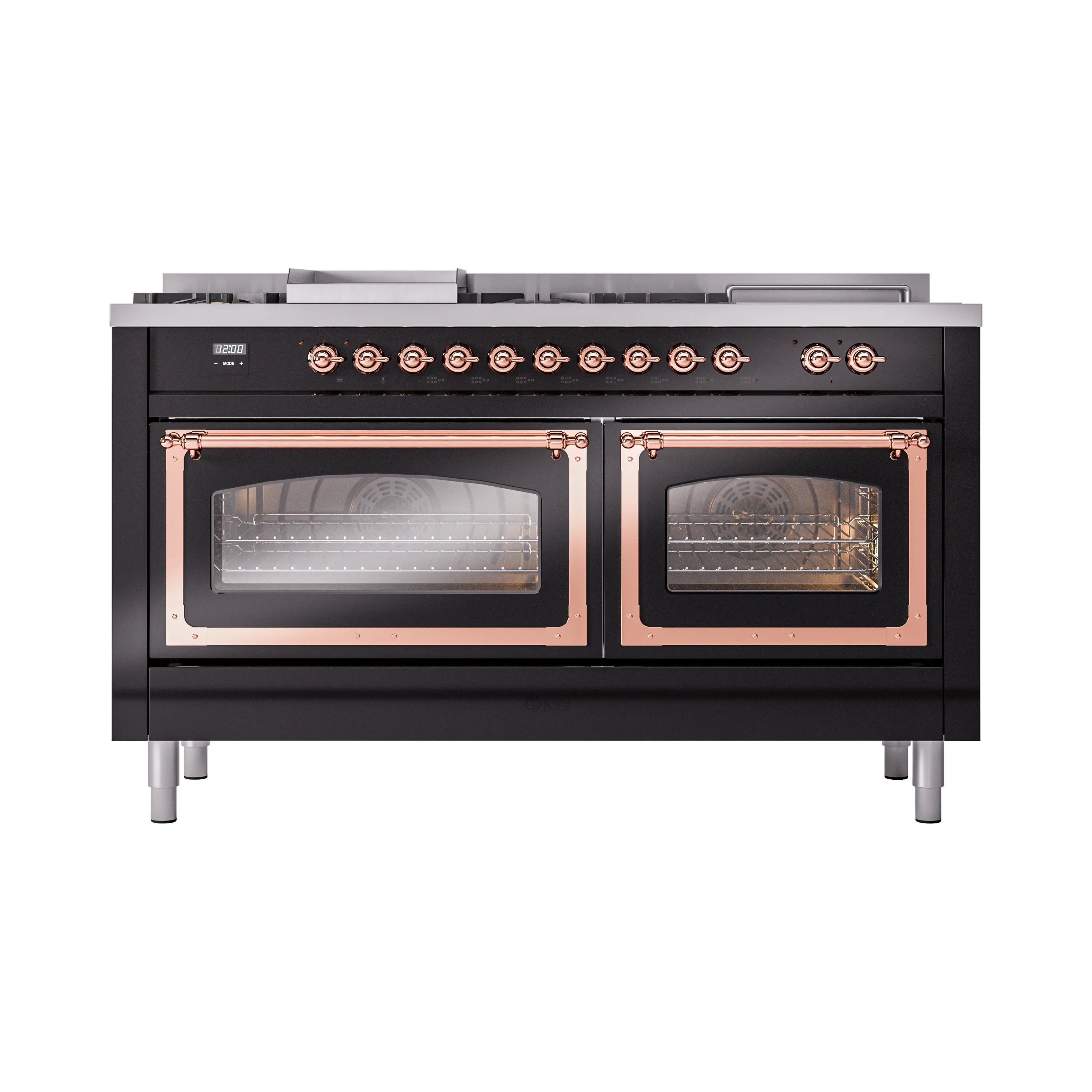 Glossy black dual-fuel range front with copper trim, two oven windows, control knobs