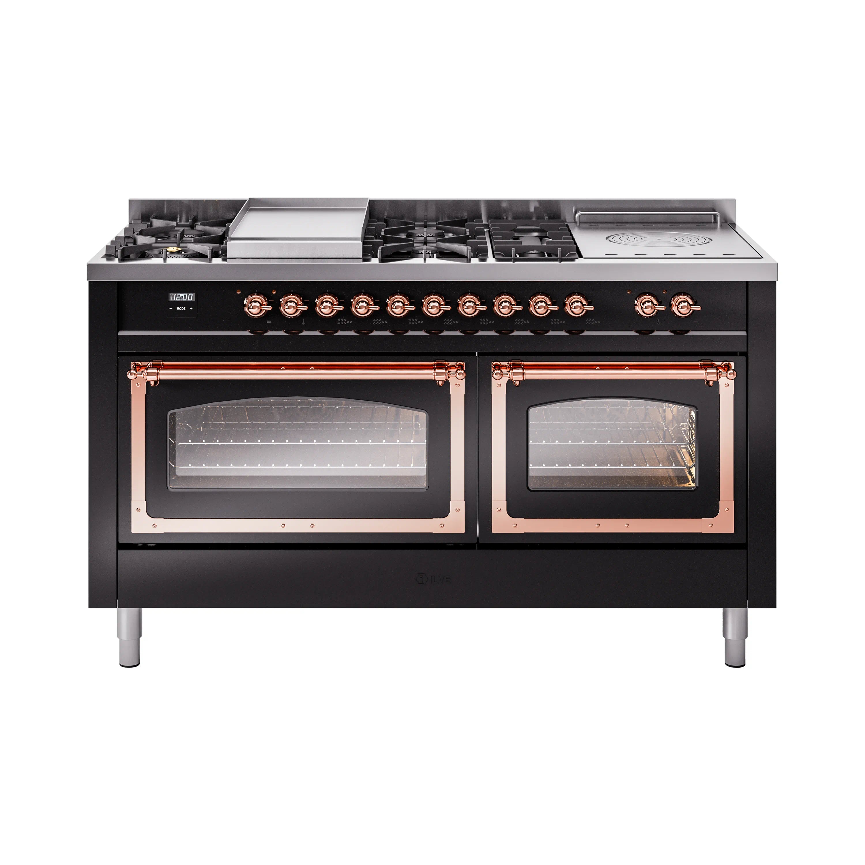 Glossy black dual-fuel range with copper-trimmed doors and two illuminated ovens